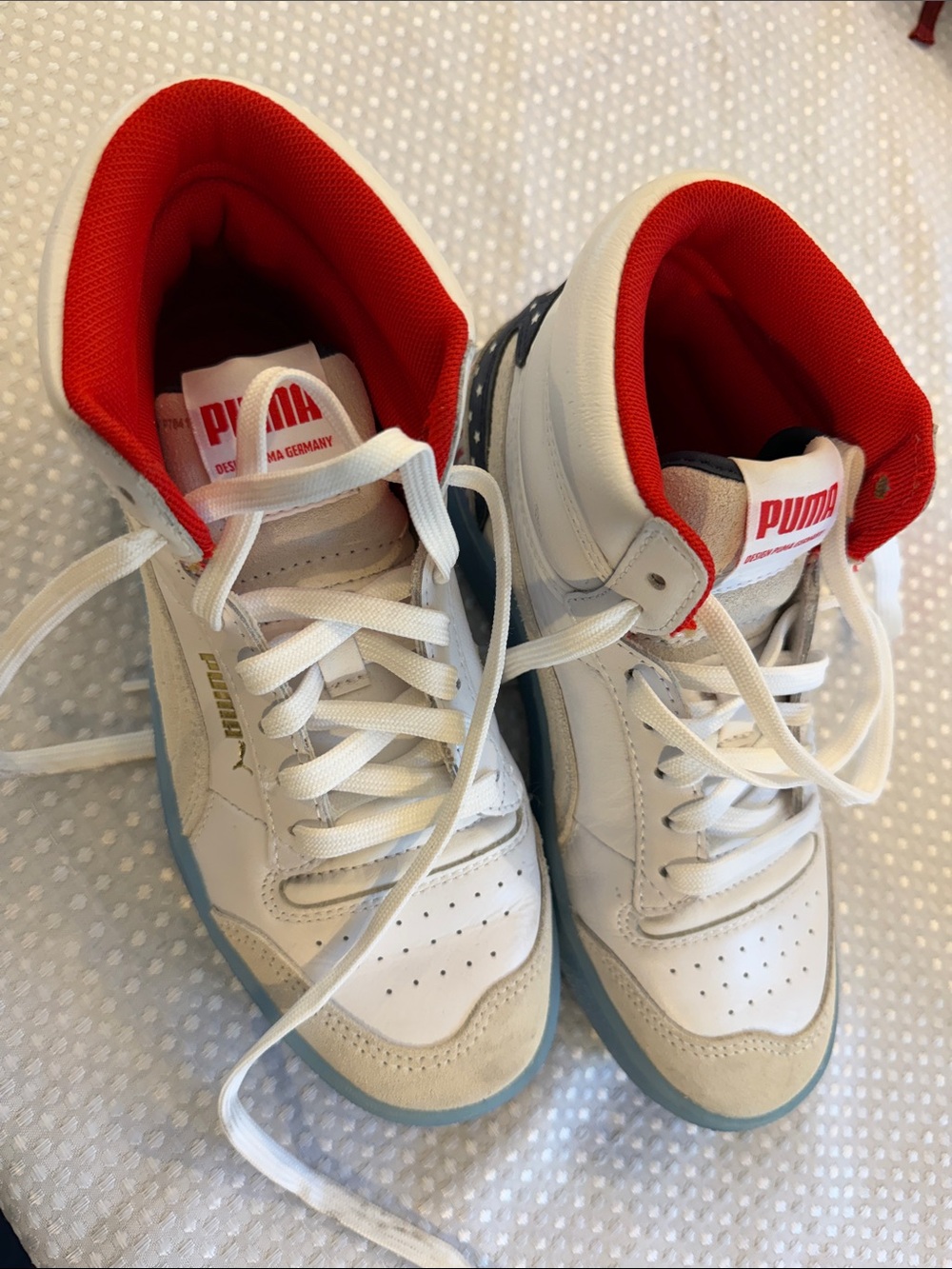 Puma Kids White High-Top Sneakers with Red Collar and Blue Outsole